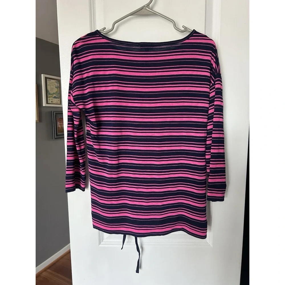 NWT Talbots Women Pink Blue Striped 3/4 Sleeve Tie Waist Top Size Small Petite - Picture 2 of 5